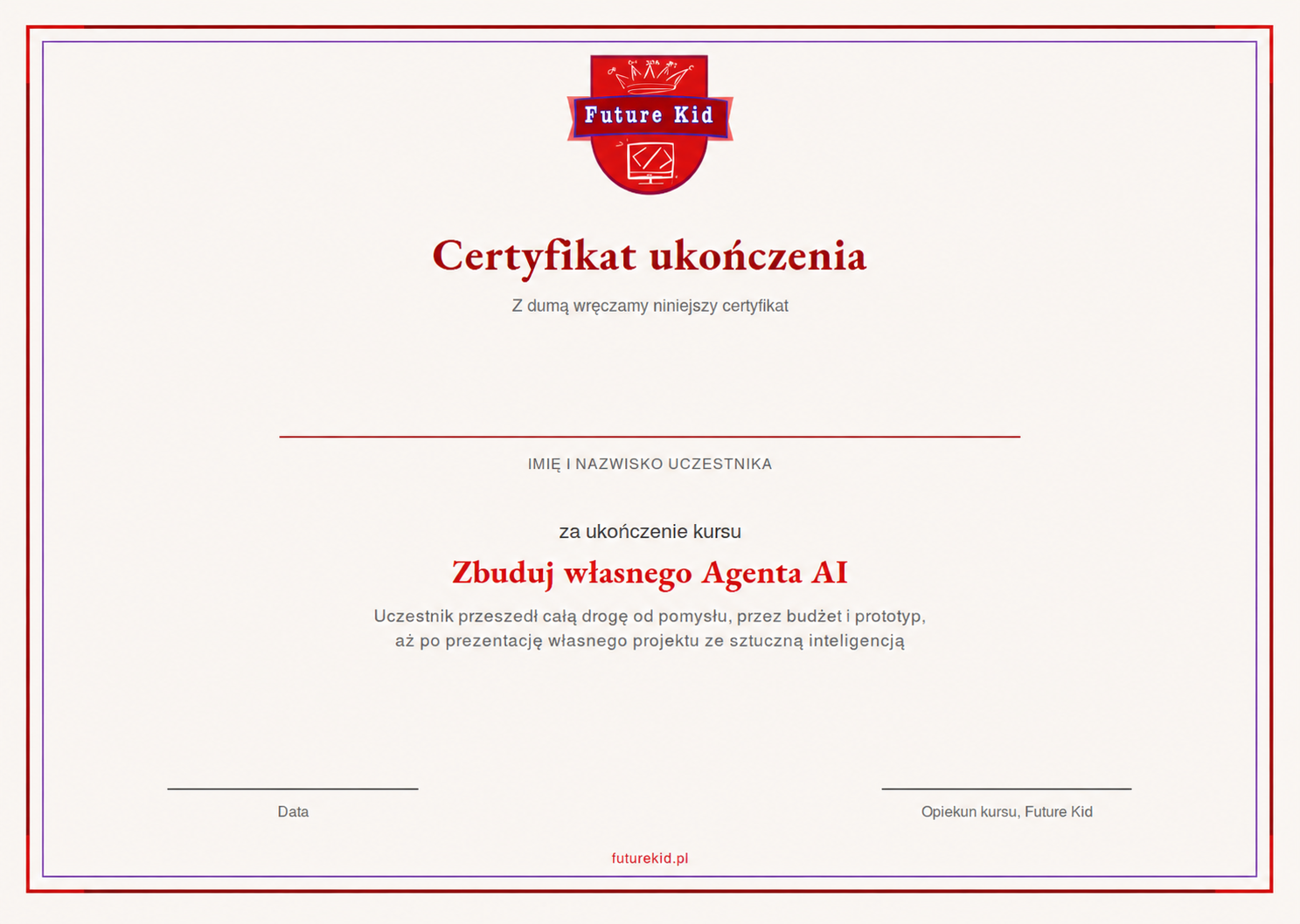 Certyfikat ukończenia kursu Zbuduj własnego Agenta AI