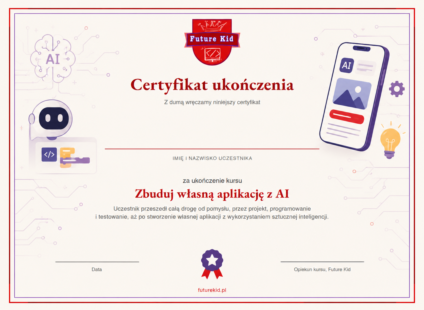 Wzór imiennego certyfikatu ukończenia kursu Zbuduj własną aplikację z AI