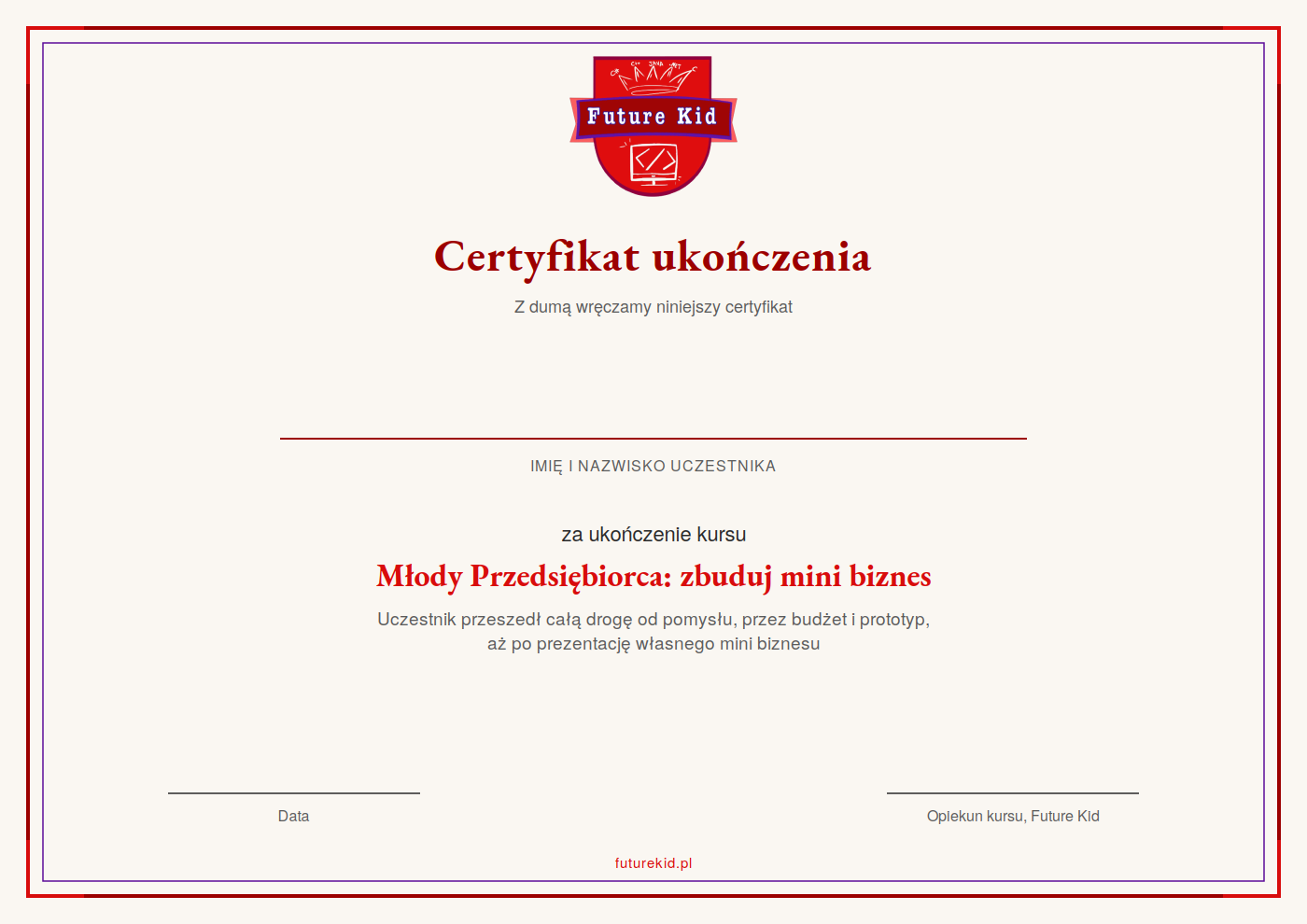 Wzór imiennego certyfikatu ukończenia kursu Młody Przedsiębiorca