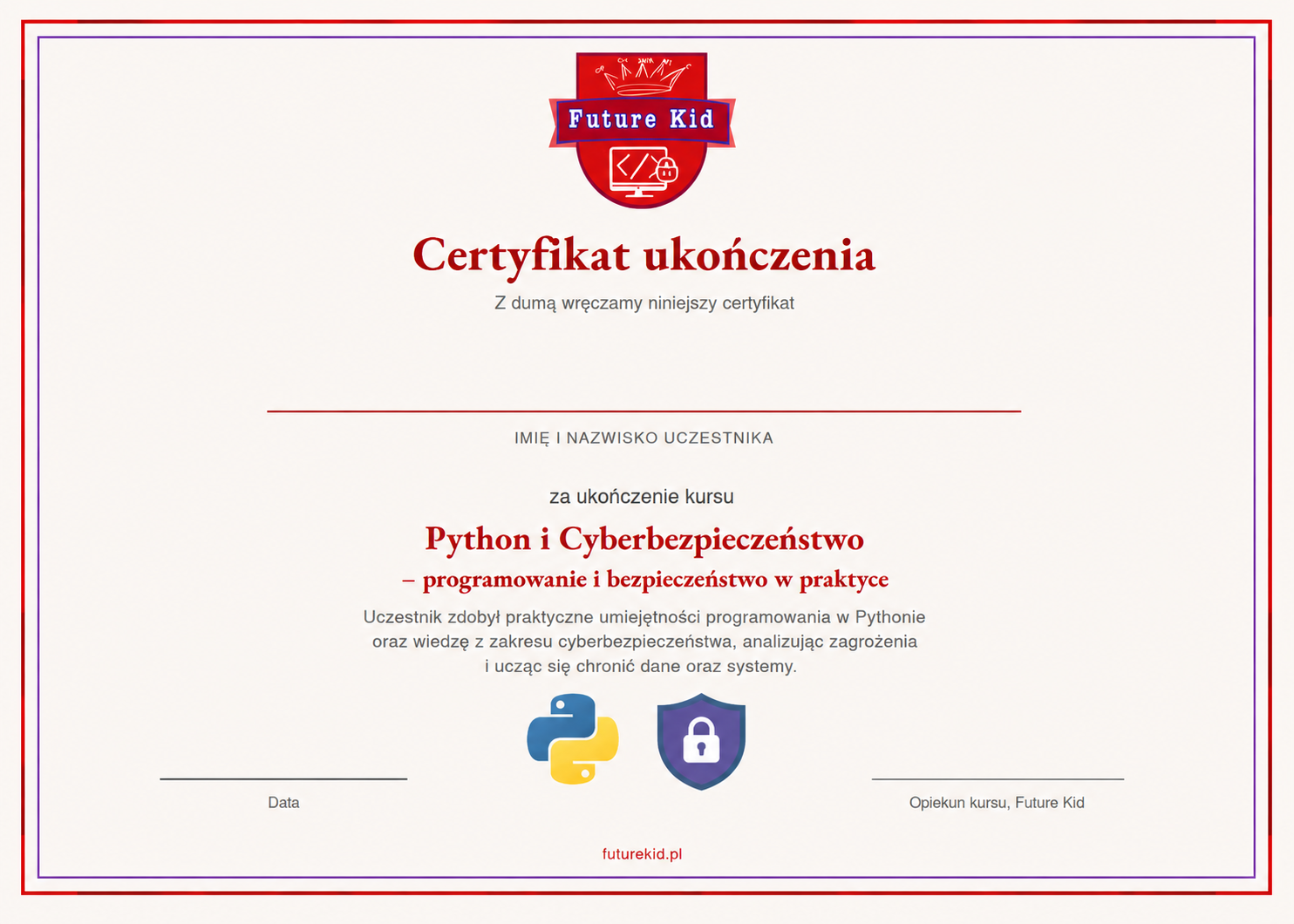 Wzór imiennego certyfikatu ukończenia kursu Python i cyberbezpieczeństwo