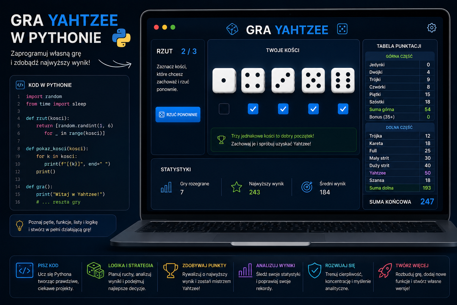 Projekt gry Yahtzee napisanej w Pythonie