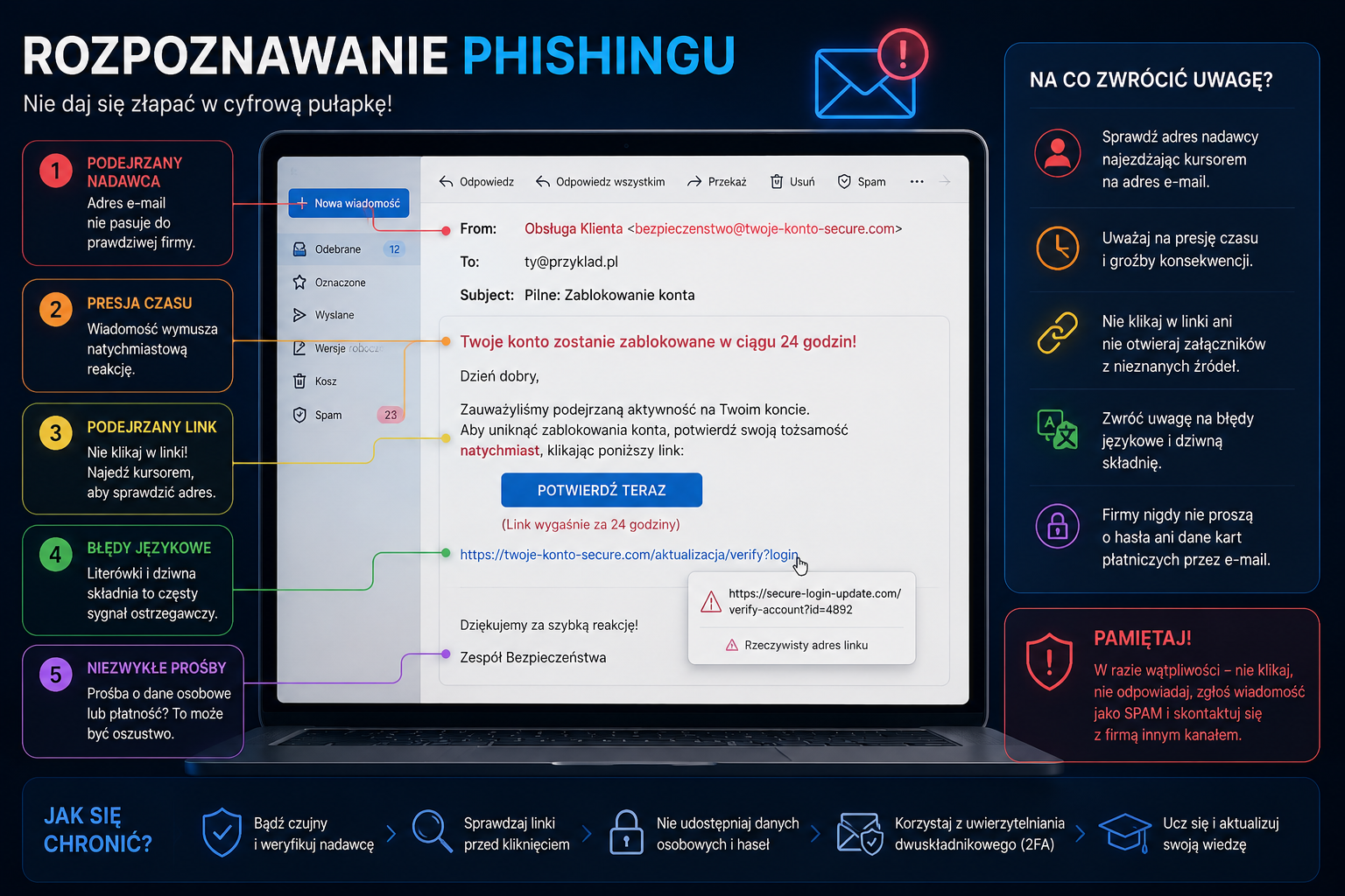 Plansza do nauki rozpoznawania wiadomości phishingowych
