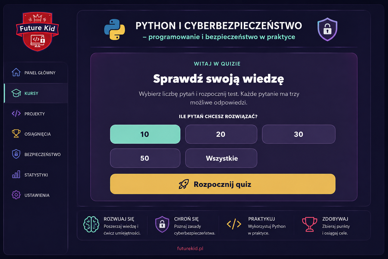 Ekran interaktywnego quizu stworzonego podczas kursu