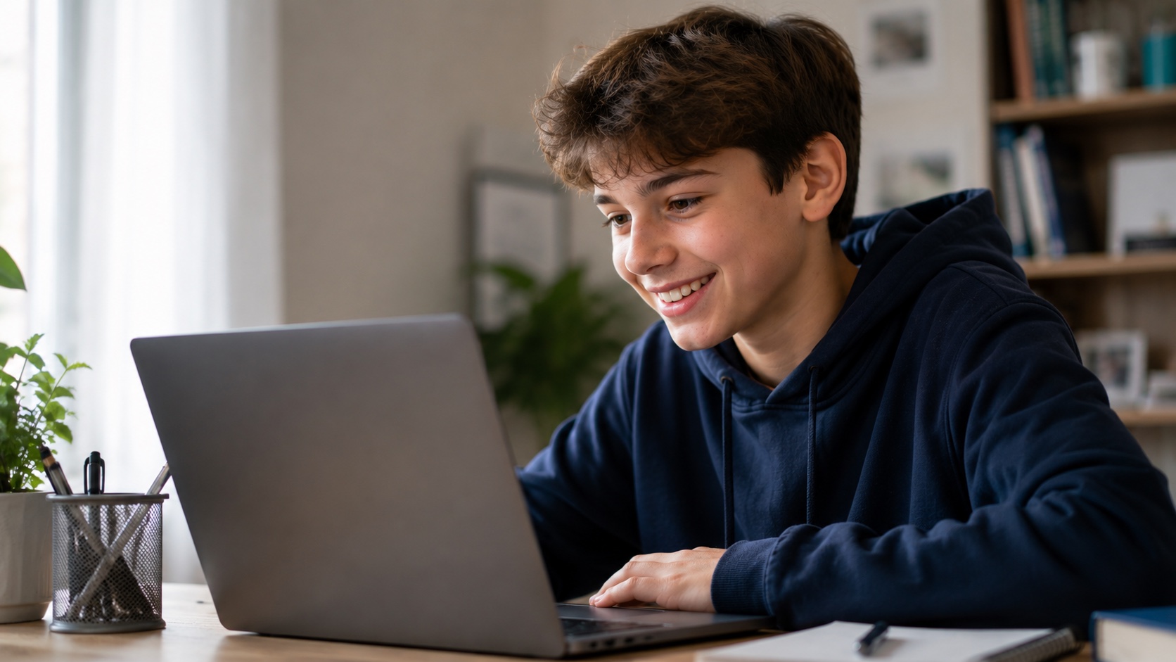 Uczeń podczas zajęć online przy laptopie